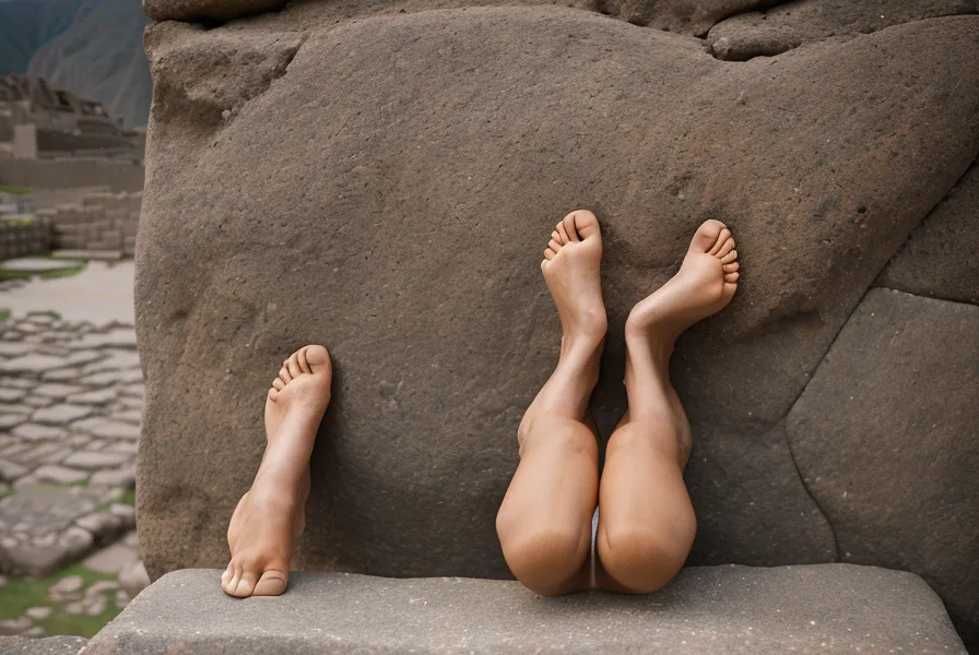 Pies de una mujer apoyados contra un muro de piedra inca durante un pino
