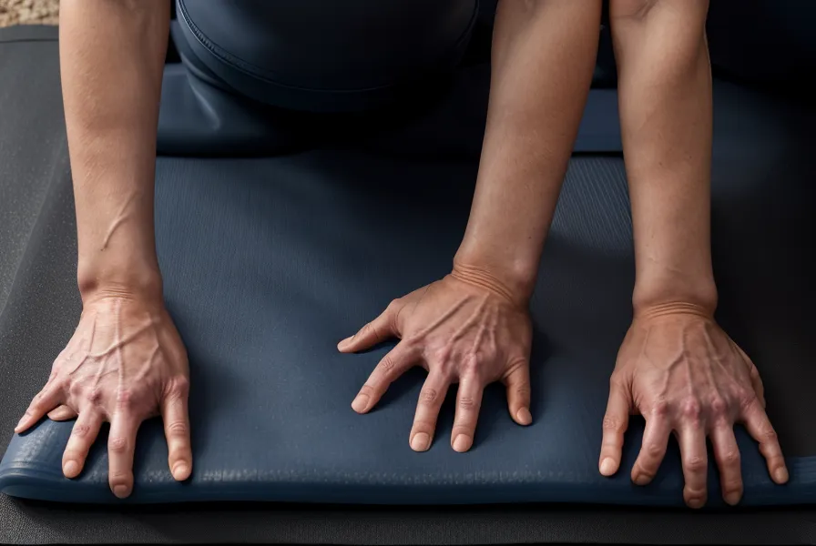 Manos apoyadas sobre un mat de yoga azul durante una plancha abdominal en casa