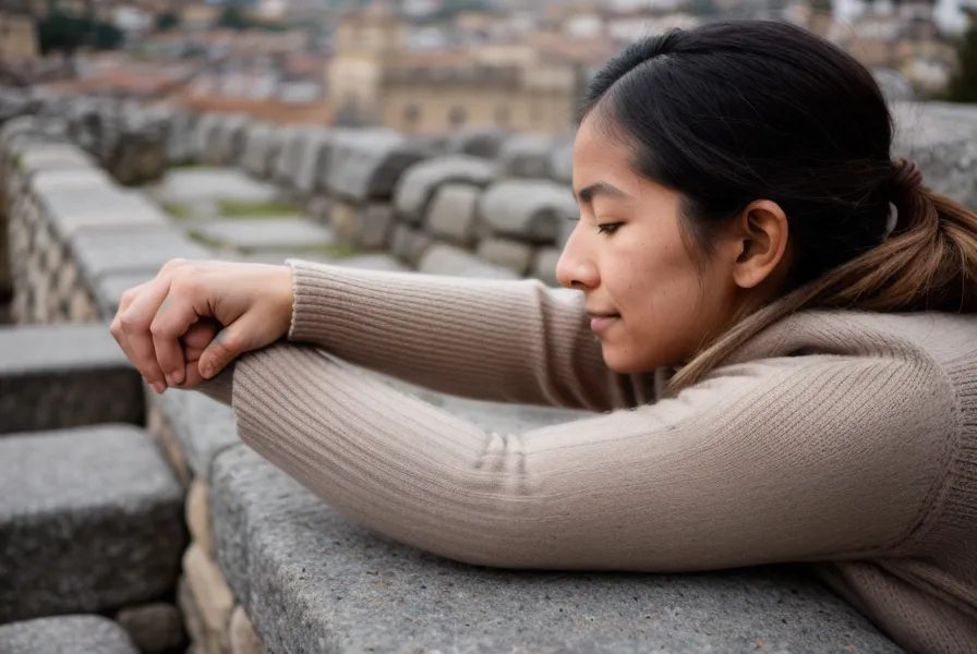 Estiramiento de muñecas con una manga de lana de alpaca en Cusco, parte de la recuperación muscular en un día de descanso activo.